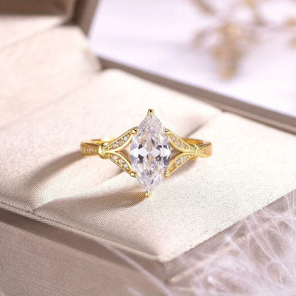 S925 Silver 2CT Marquise Moissanite Ring Fine Jewelry Plated with 18k Gold Suitable for Gift Giving Anniversary Birthday Gift